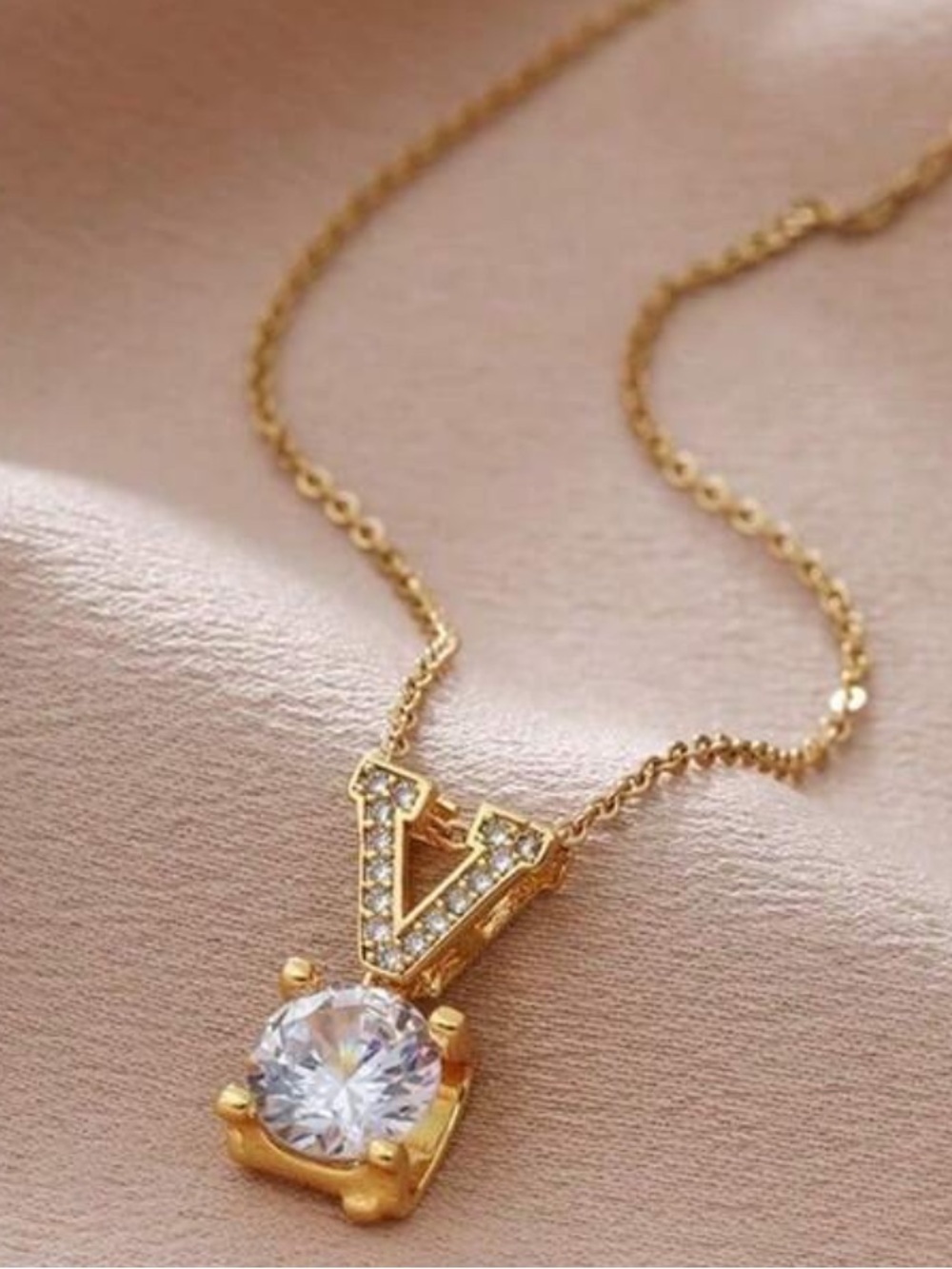 Gold Letter V Pendant Necklace with Clear Crystal